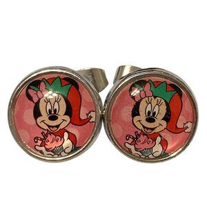 Disney Minnie Mouse Santa Christmas Earrings Silver Tone Hypoallergenic Posts